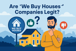 Illustration questioning if We Buy Houses companies are legitimate in round lake beach IL, showing homeowner deciding between trust and risk