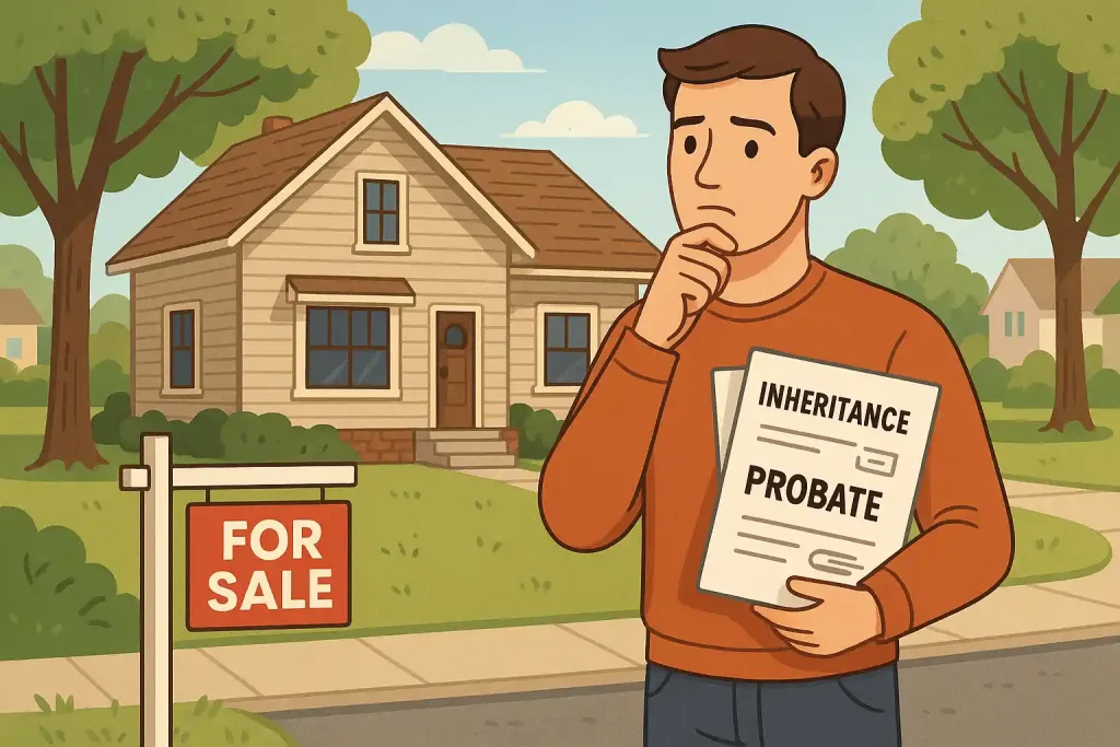 Man holding inheritance and probate documents in front of a house for sale in Crystal Lake IL