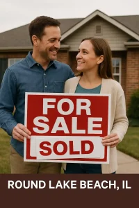 Couple standing in front of inherited home sold in Round Lake Beach IL