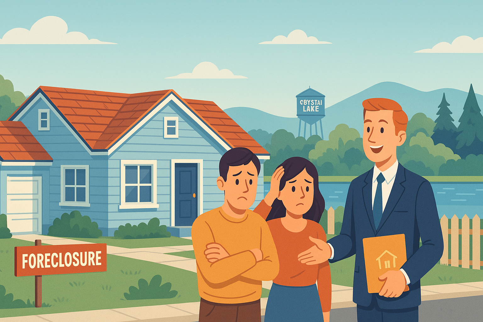 Illustration of worried homeowners in front of a Crystal Lake IL house facing foreclosure with text saying cash home buyers we can help