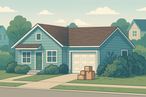 Illustration of a suburban Crystal Lake home with moving boxes outside, symbolizing a stress-free sale of a hoarder house with no cleanup required.