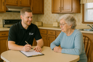 Easy Exit Home Buyers representative meeting with a homeowner in a dated 1980s Crystal Lake IL kitchen discussing a fair cash offer