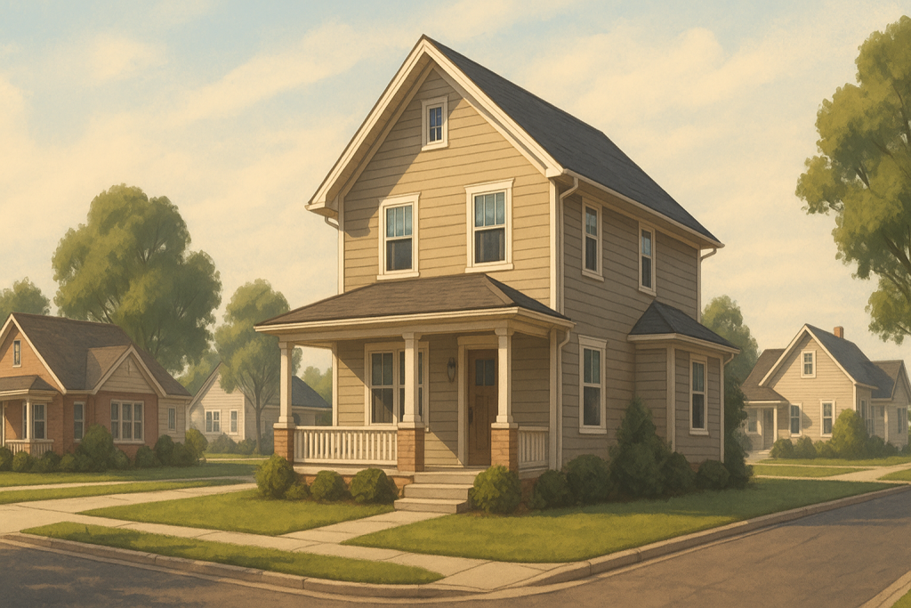 Illustration of a suburban McHenry, Illinois neighborhood showing a welcoming home and moving boxes, representing fair cash offers for houses in McHenry