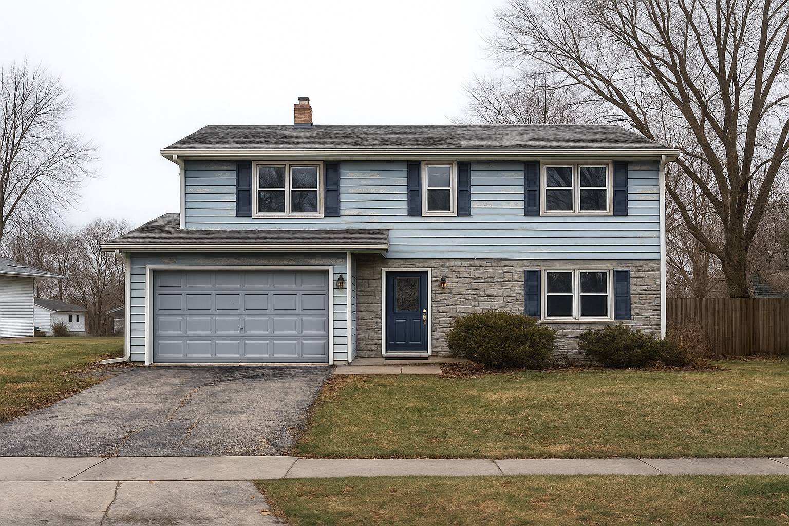 Two-story Gurnee home near Almond Road showing visible exterior wear and deferred maintenance