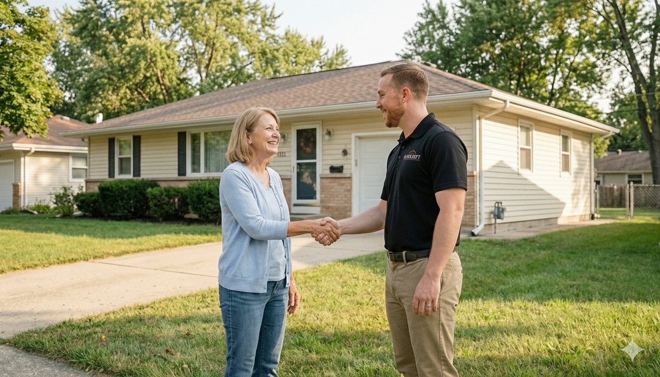 A homeowner greeting a local home buyer outside a well-kept suburban house