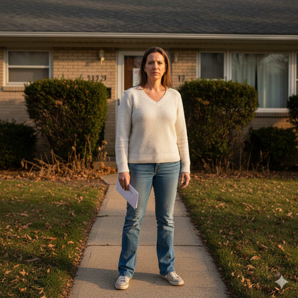 Homeowner holding past-due notice in front of her Illinois home