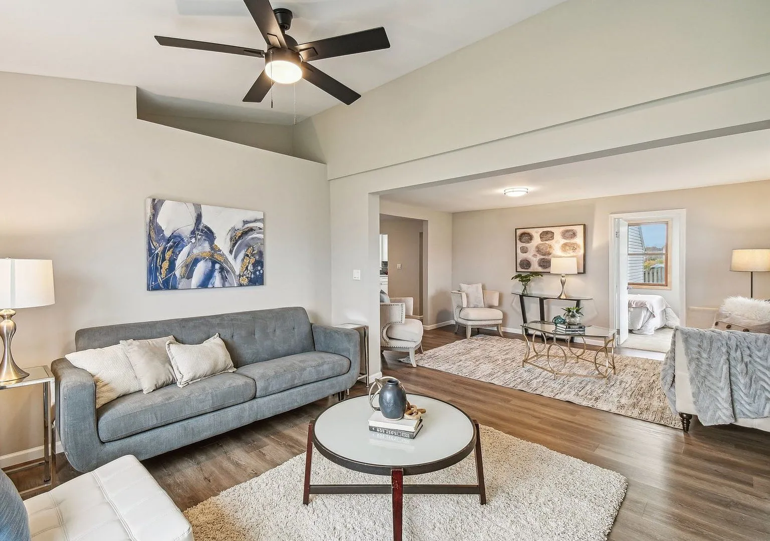 Staged living room after renovation, 20821 W Verona Ave Lake Villa