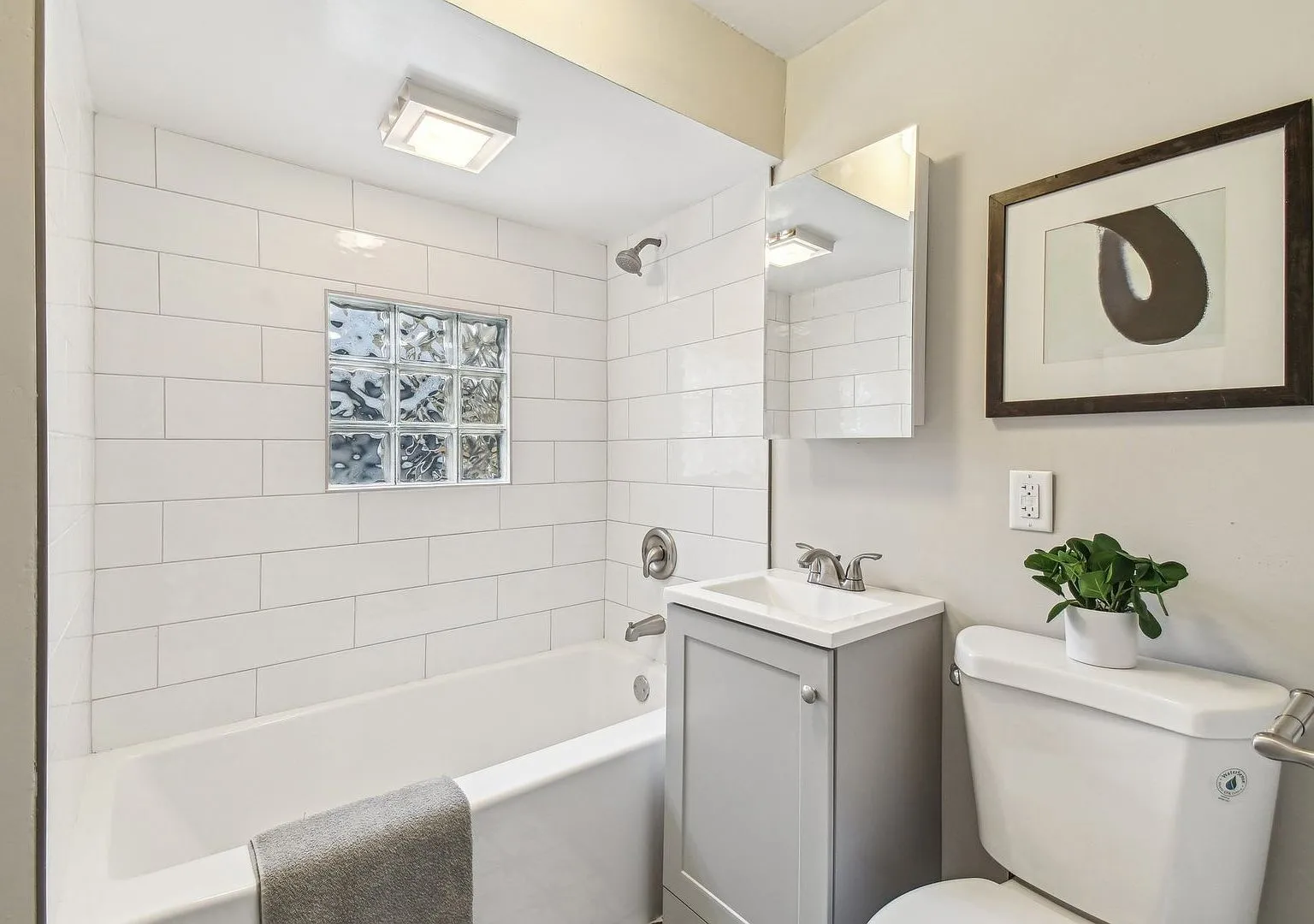 Renovated bathroom with subway tile, Lake Villa IL