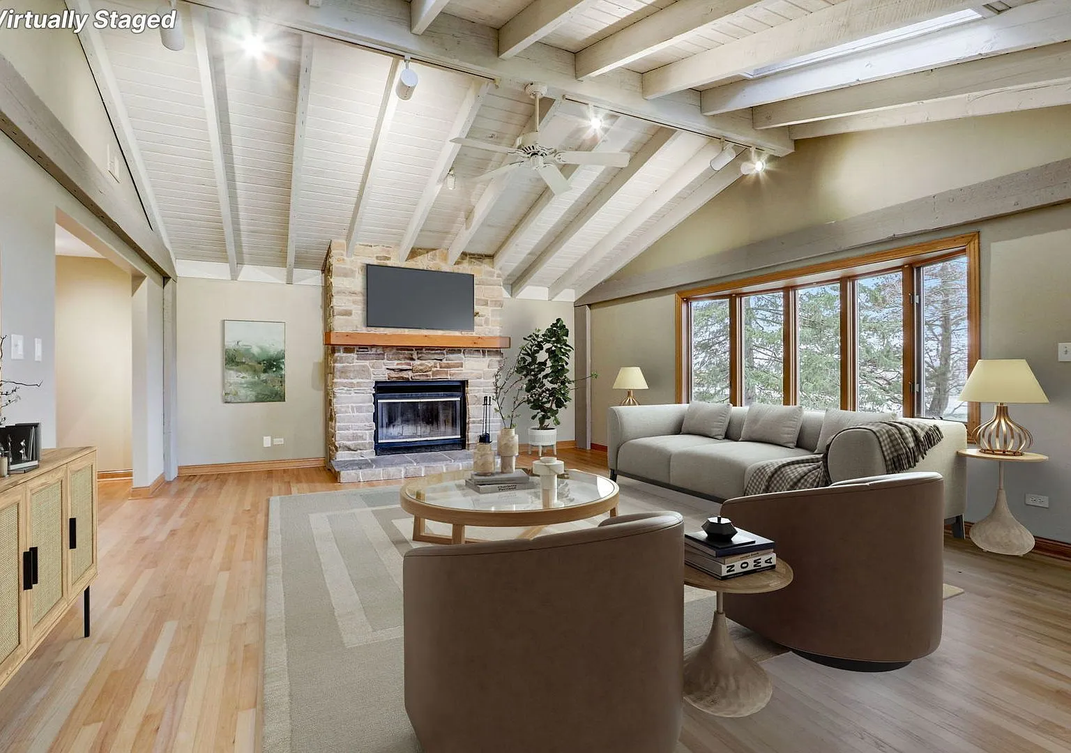 Vaulted living room with beamed ceiling and stone fireplace, refinished hardwood, Grayslake IL