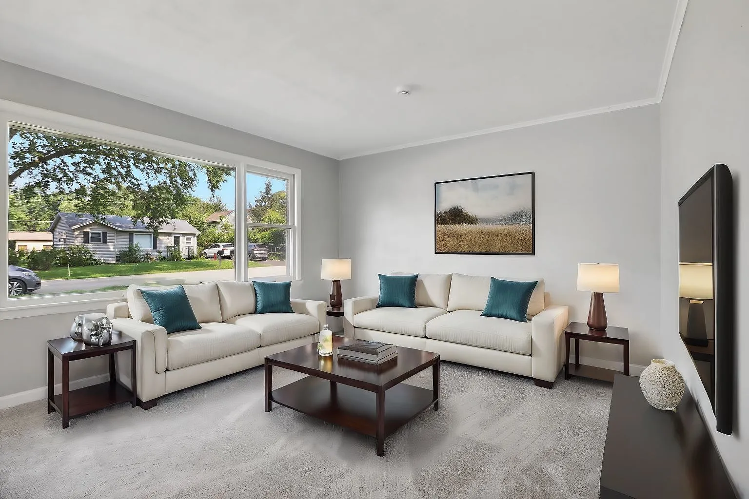 Staged living room after renovation, Cary IL case study