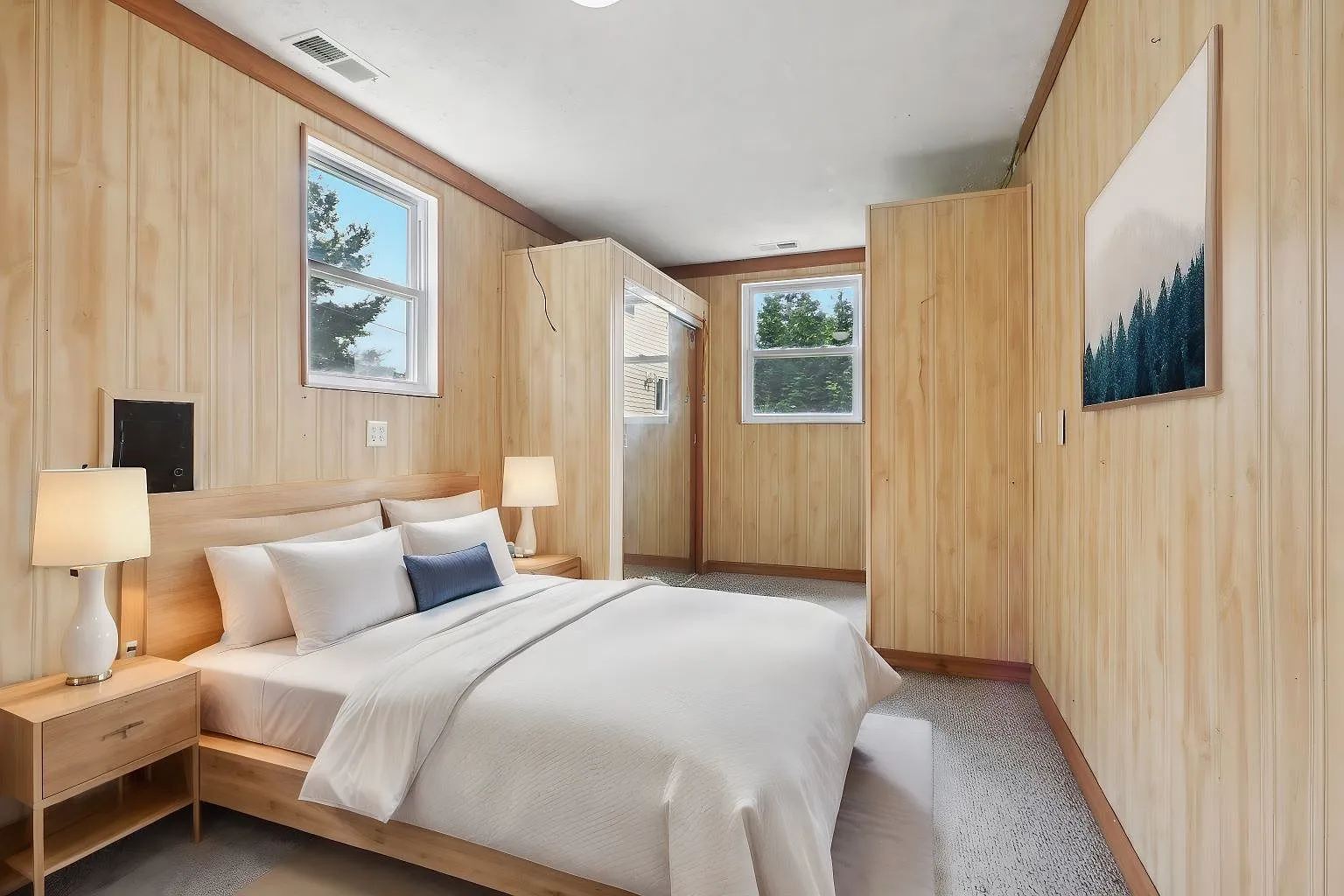 Bedroom with original knotty pine walls, staged, 5506 Oakwood Dr