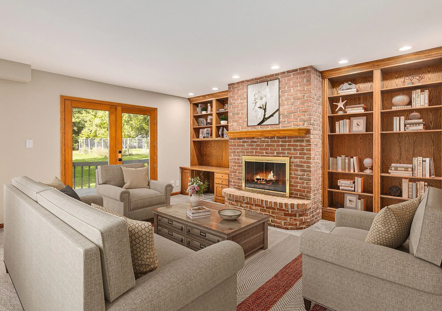 Family room with brick fireplace and oak built-ins, staged, Woodstock IL case study
