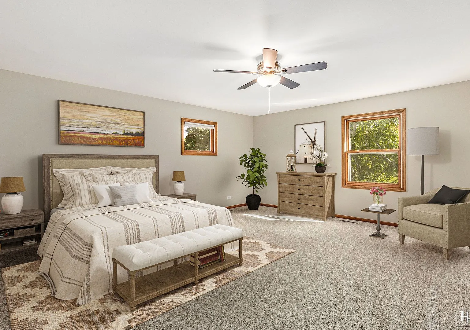 Staged primary bedroom with new carpet and fresh paint, Woodstock two-story