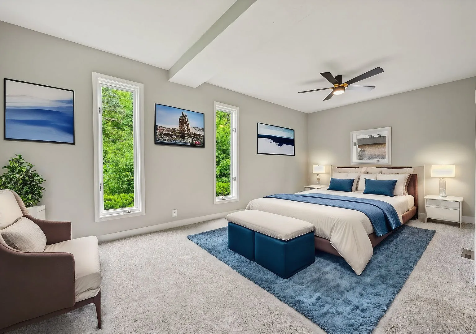 Staged bedroom with new carpet after renovation, 135 S Dymond Rd